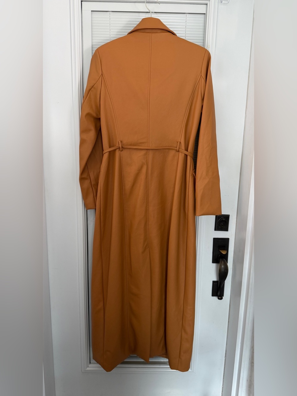 7 for all mankind Faux Leather Long Trench Sz Small Camel / Caramel Like New - Picture 3 of 6
